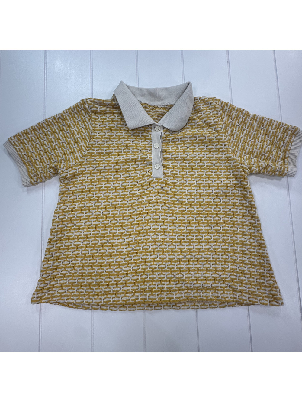 Zara Yellow Geometric Knit Polo Shirt Fits XS | Retro 70s Crochet Knit Top